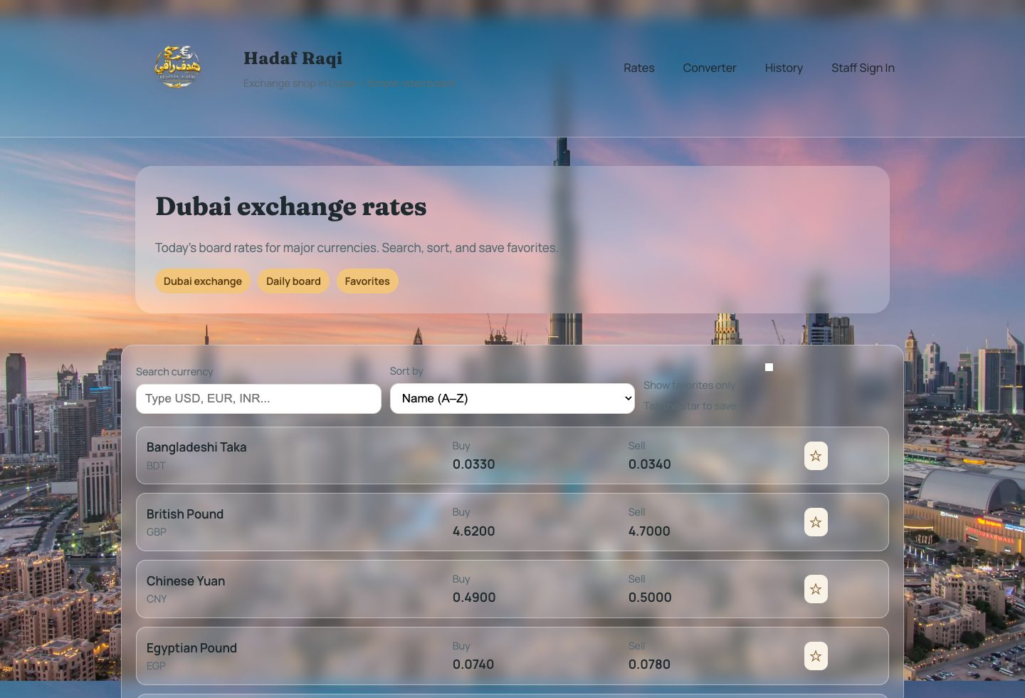 Rates board from the Hadaf Raqi Exchange repository